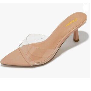 Milooey Nude Clear Mid Heel Mules Open Toe Slide Sandal Cute Backless Slipper